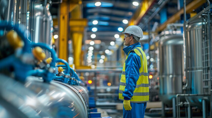 Industrial engineer in safety gear inspects machinery in a brightly lit, modern manufacturing facility.