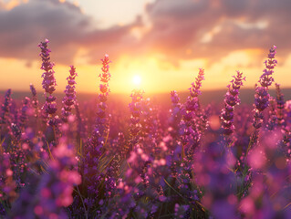 a field of purple flowers in the sunset hour, with a cloudy sky and the sun setting in the background.