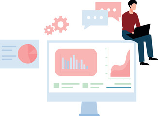 A boy is using a laptop for business statistics.