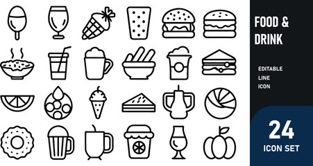 Food & Drink related concept  such as Hamburger, pizza, salad  & many more editable stroke outline icons isolated on white background flat vector illustration