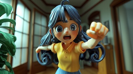 3D female character with excited clenched fist gesture, with empty space for text, best for advertising promotion.