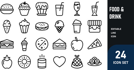 Food & Drink related concept  such as Hamburger, pizza, salad  & many more editable stroke outline icons isolated on white background flat vector illustration