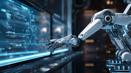 one robotic arm is working, background is head-up display screen, in the style of futuristic robots, realistic, detailed rendering, focus stacking, data visualization