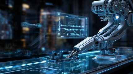 one robotic arm is working, background is head-up display screen, in the style of futuristic robots, realistic, detailed rendering, focus stacking, data visualization