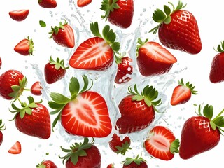 The dynamic splash frames the strawberry, highlighting its freshness on a bright and cheerful backdrop