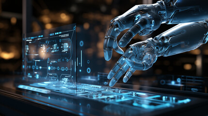 one robotic arm is working, background is head-up display screen, in the style of futuristic robots, realistic, detailed rendering, focus stacking, data visualization