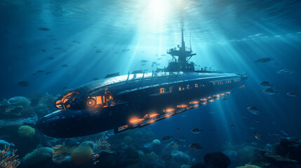 World largest, futuristic Submarine with glass. few orange searchlights. Under blue water with lightbeams. 8k, cinematic lighting, lense flares