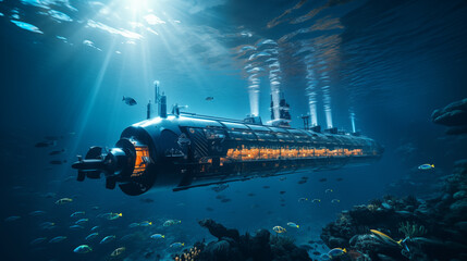 World largest, futuristic Submarine with glass. few orange searchlights. Under blue water with lightbeams. 8k, cinematic lighting, lense flares