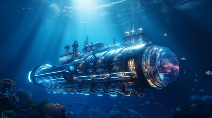 World largest, futuristic Submarine with glass. Under blue water with lightbeams. 8k, cinematic lighting, lense flares --ar 16:9 --stylize 250 --v 5.2 Job ID: 48280849-ba1d-4e34-8e36-e896ce38fb60