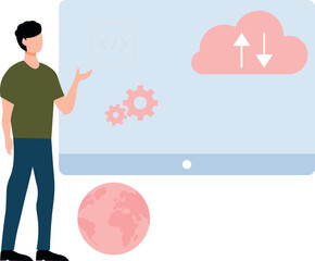 Boy pointing to cloud data on web page.