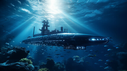 World largest, futuristic Submarine with glass. Under blue water with lightbeams. 8k, cinematic lighting, lense flares 