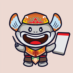 Fish mascot Traditional design illustration, Cute fish mascot with custom indonesian traditional attire and plumage