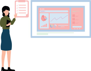 Girl looking at checklist for business graph.