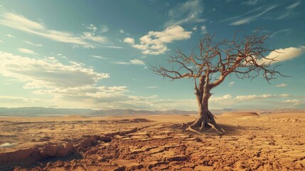 A withered tree in a desert landscape, symbolizing the harsh consequences of global warming on vegetation.