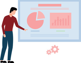 The boy is pointing at the finance chart.