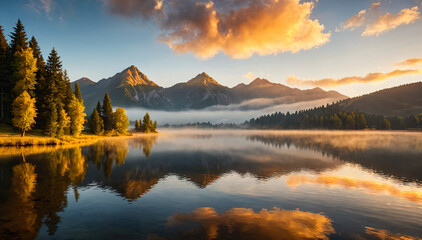 a serene mountain lake at sunrise, mist rising from the water, tranquil landscape, calm reflection, golden sunlight, atmospheric lighting, detailed foreground, detailed background, dramatic clouds. - Powered by Adobe
