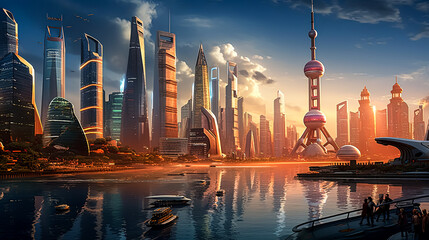 Fototapeta premium A cityscape with a large red building in the background