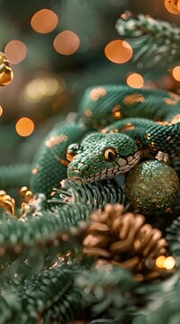 Green snake, New Year banner, light festive background, congratulatory video screensaver with free space for text, symbol of 2025