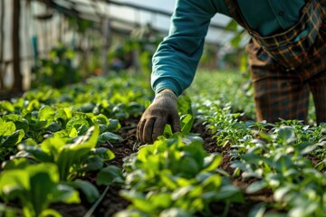 Obraz premium Harvesting Vegetables in Greenhouse: Farmer Cultivating and Propagating Agriculture Practices