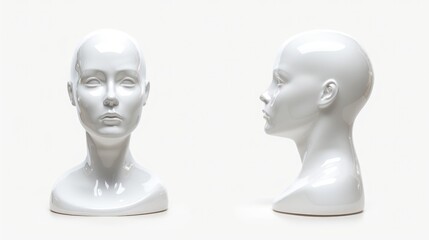 Head: Blank, White, Female Mannequin in Isolated Front and Side View