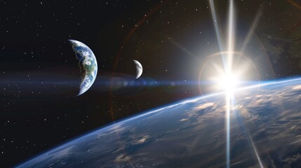 In the vast expanse of space, the sun, moon, and Earth align beautifully. The Earth is partially illuminated with visible continents, the moon is in the middle ground