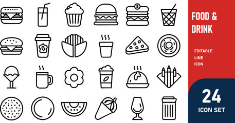 Food & Drink related concept  such as Hamburger, pizza, salad  & many more editable stroke outline icons isolated on white background flat vector illustration