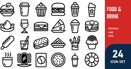 Food & Drink related concept  such as Hamburger, pizza, salad  & many more editable stroke outline icons isolated on white background flat vector illustration
