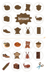 Learning colors brown. Cut and glue educational children game. Matching game worksheet for kids. Match by color.