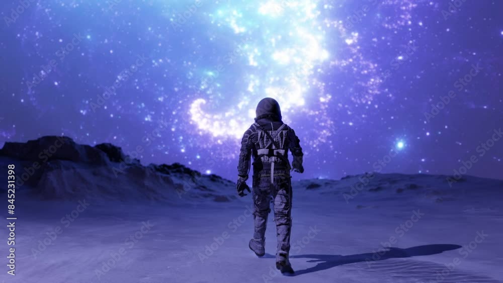 Wall mural astronaut walking on a alien planet in outer space