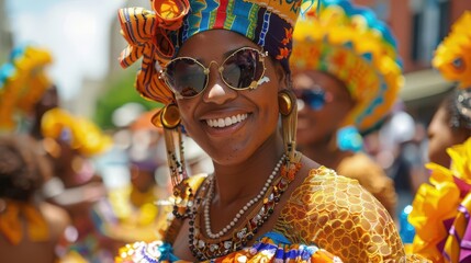 Juneteenth parade in city streets, cultural attire, dancers