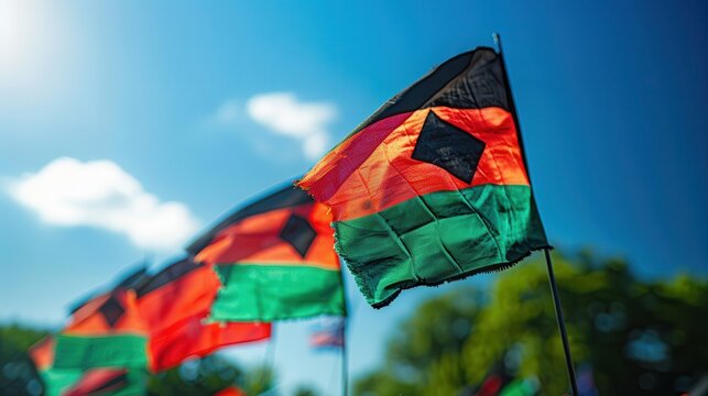 Red, black, and green flags waving at Juneteenth event