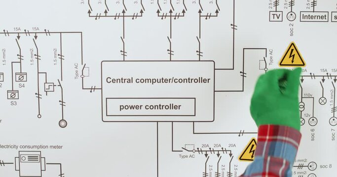 Engineer adds electrical warning stickers onto drawing upper view. Electrician marks places of dangerous current on schematic diagram