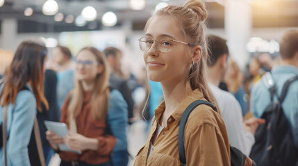 Fototapeta premium A young entrepreneur with glasses smiles confidently at a startup fair. She is surrounded by a diverse group of peers, all engaged in lively discussions. 