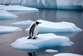Obraz premium Climate Change represented by a lone penguin on a small slab of ice.