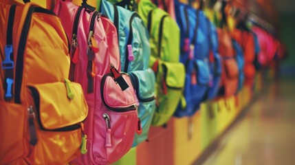 Colorful backpacks hanging on hooks in a school hallway, symbolizing the anticipation of students returning for a new academic year.