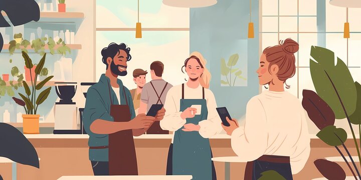 Modern Caf&eacute; Life Barista and Customers Using Contactless Payments in a Boho Caf&eacute;