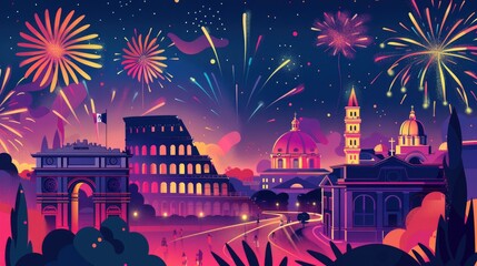 Creative Ferragosto illustration with iconic Italian landmarks, festive banners, and fireworks in the night sky, symbolizing national celebration