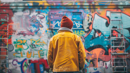 Graffiti artist standing near the wall full of graffiti art