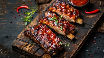 Delicious grilled bbq ribs on rustic background