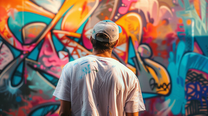 Obraz premium Graffiti artist standing near the wall full of graffiti art