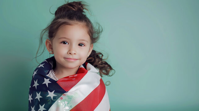 Girl with a USA flag around her, seen at eye level against a serene seafoam green backdrop. - Powered by Adobe