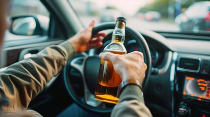 A man is shown driving a car while holding a bottle of alcohol in his right hand. He is gripping the steering wheel with his left hand and appears to be looking straight ahead. The scene highlights
