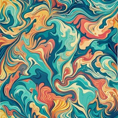 Seamless pattern of coral reef liquid marble with vibrant oceanic hues, Generative AI