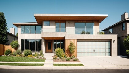 Fototapeta premium Modern Two-Story Home with Large Glass Windows and Landscaped Yard 