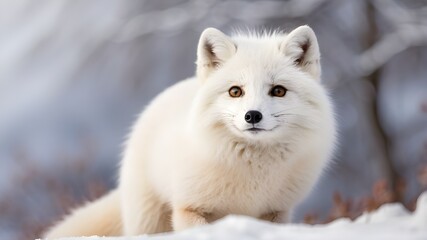 Obraz premium Arctic white fox with a snowy, hazy backdrop.