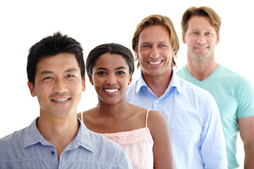 Face, people or portrait of team with smile for community, diversity or population on white background. Collaboration, happy or partnership in creative career with staff, employees or workers