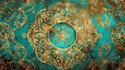 Obraz premium Luxurious bohemian background featuring intricate gold and turquoise patterns, evoking a sense of exotic elegance.