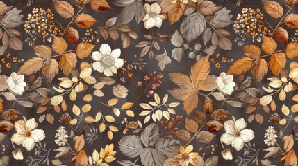 Fototapeta premium Nature-inspired pattern background with leaves, flowers, and natural elements in earthy tones, evoking a serene and organic feel