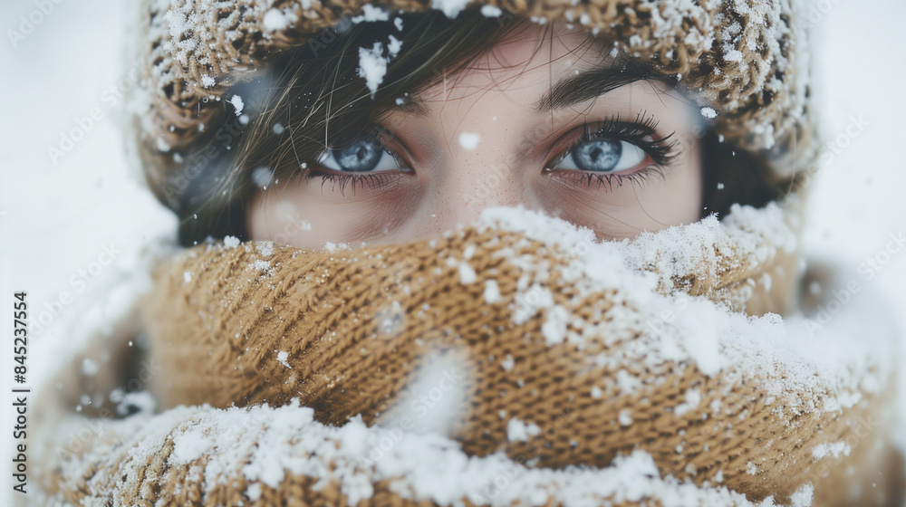 Poster Close-up of a young woman with a winter hat and scarf, gazing through falling snow