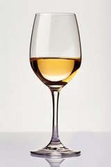 A glass of white wine on a white background, highlighting its golden clarity
